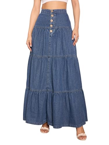 Image of Sassafras Women Washed Denim Tiered Maxi Skirt