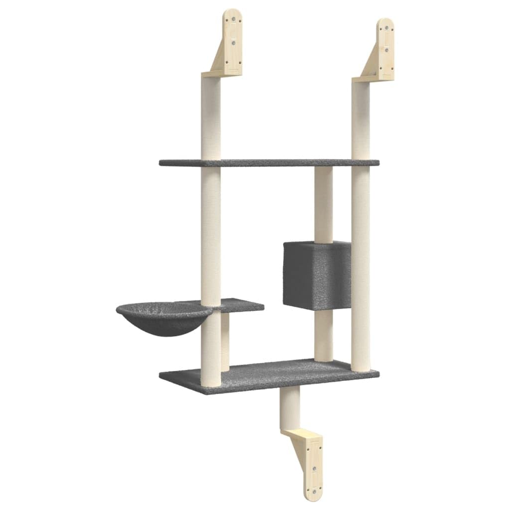 Kratzbaum Katzenbaum mit Sisalstamm und Kratzbrett 153 cm Höhe Dunkelgrau Wandmontage Katzenmöbel mit Liegefläche Höhle Plattform Hängematte und Spielball für Klettern und Krallenpflege