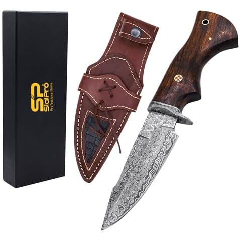 SialPro Custom Handmade Damascus Steel Hunting Knife 10″ with Leather Sheath Walnut Wood Handle Cover