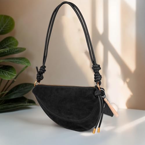 Image of Small Suede Dumpling Crossbody Bag for Women, Hobo Shoulder Purse with Cute Baseball Charms & Adjustable Strap