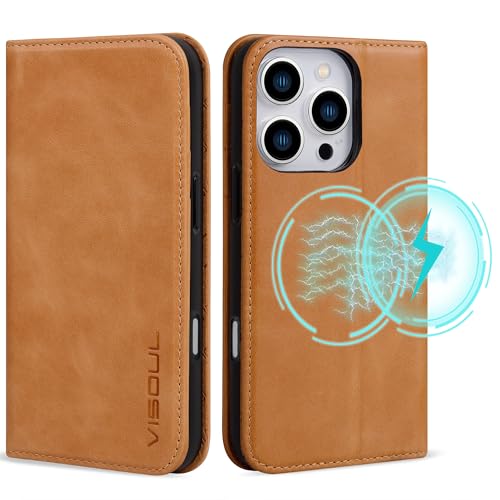 VISOUL Oil Waxed Genuine Leather Wallet Case Compatible with iPhone Pro 16 6.3-inch 5G 2024 with Wireless Charging