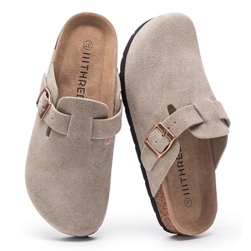 IIITHREE Women's Suede Clogs Cork Footbed Clogs for...
