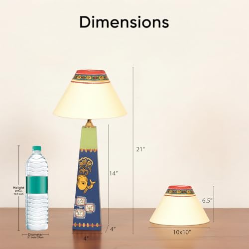 Image of AAKRITI ART CREATIONS MDF Board Table Lamp for Study Room, Bedroom & Living Room Decoration | Madhubani Madhubani Peacock Motif Bedside Lamp with Cotton Fabric Shade | Aesthetic Night Lamp