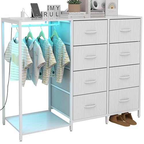 Image of Dresser with Clothes Rail Dresser with Hanging Rack Led Lights and Charging Station Wardrobe Dresser with 8 Fabric Chest Wood Top Dresser Organizer for Bedroom Living Room Hallway Closet (White)