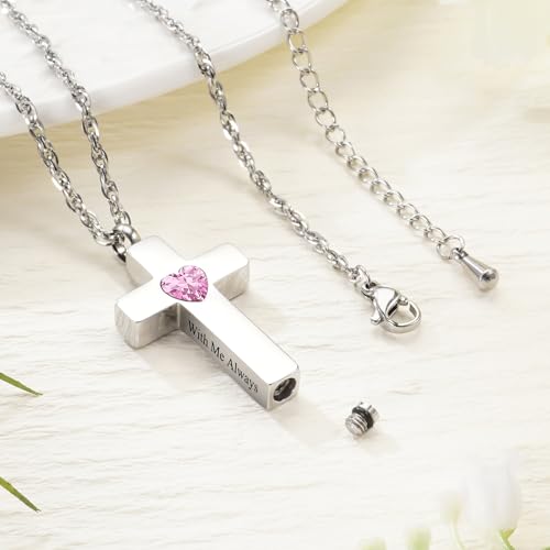 SOITIS Cremation Cross Necklace for Ashes, Cross Urns Silver Pendant Ashes Holder, Stainless Steel Memorial Jewelry with Birthstone - With Me Always4