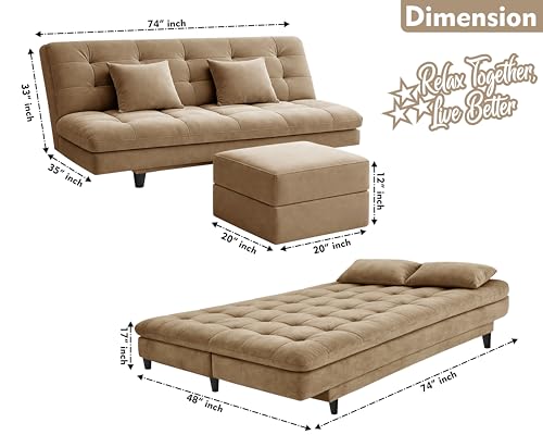 Image of Rosebell Modern Three-Seater Sofa Cum Bed - Foldable Velevt Fabric Sofa, Foam Seating, Stylish Design for Living Room, Guest Room & Office-Golden