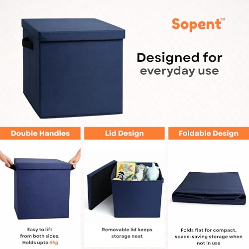 Image of Sopent Fabric Storage Box and Organiser with Lid - Blue 33x33x33cm, 36L | Foldable Cloth Organizer with Cover for Clothes, Toys & Wardrobe