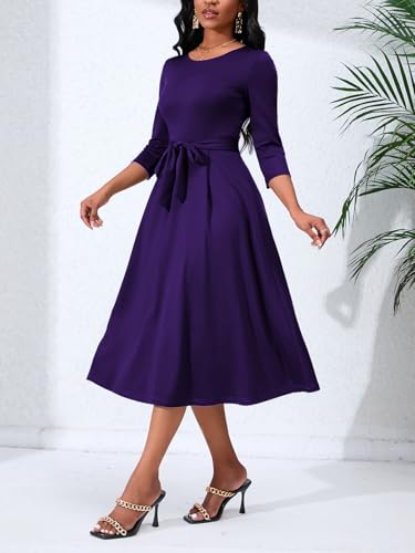 Women's Caual Midi Dress 3/4 Sleeve Crewneck A-line Swing Dress for Women with Belt for Wedding Guest & Cocktail Party3