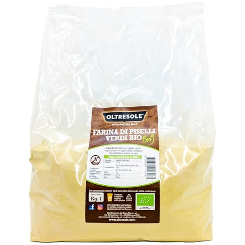 Oltresole, Harina Italiana Ecológica de Guisantes Verdes 1 kg, Harina de legumbre 100% ecológica, sin gluten ni OGM, rica en proteínas, ideal para celíacos y recetas dulces y saladas