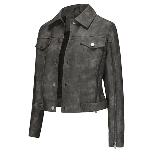 JEKE-DG Women's Fashion Moto Biker Short Coat Lapel Button Down Casual Coat Jacket Slim Fit Solid Faux Leather Coats