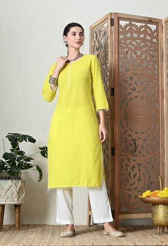 Image of Amazon Brand - Tavasya Women Cotton Katha Straight Regular Fit Kurta | Solid Ethnic Kurti | 3 /4 Sleeve Casual & Office Wear |Kurta for Women