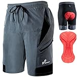Sportneer Men's Cycling Shorts, Mountain Bike Shorts, Lightweight and Baggy with Zipper Pockets, 3D Padding, Waterproof Fabric, Reflective Strips, L, Grey