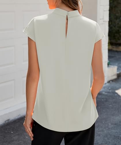 Image of Funlingo Womens Summer Tops Mock Neck Short Cap Sleeve Blouses Business Casual Work Chiffon Shirts Front Pleated Tunic Top