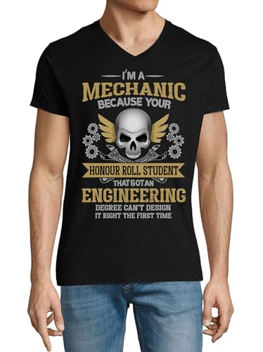 T-shirt col en V noir pour homme en coton avec impression humour ingénieur