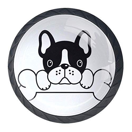 Shiiny French Bulldog Bone Drawer Knob Pull Handle Glass Circle Shape Cabinet Drawer Pulls Cupboard Knobs with Screws for Home Office Cabinet Cupboard Set of 4