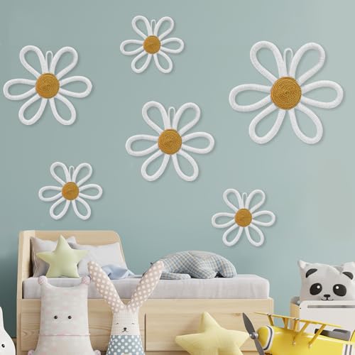 Image of 6 Pcs Boho Nursery Daisy Wall Decor, Woven Flowers Wall Hanging Art, White Boho Floral Room Decor with Lanyard for Office, Toddler Baby Little Girls Kids Home Bedroom Above Bed Decorations (White)