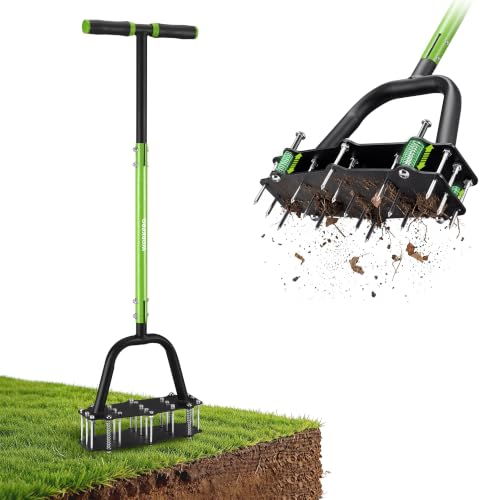 WORKPRO 38 Lawn Aerator Tool with 17 Spikes Manual Lawn Aerators with Dual-Layer Design Ergonomic T-Handle Heavy Duty Manual Grass Aerator for Lawn Aeration Soil Loosening and Yard Care