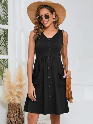 Heymoments Women's Summer Dresses Sleeveless Casual Fashion Loose Swing Button Down Midi Dress with Pockets3