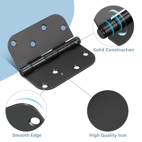 KNOBWELL 12 Pack 4" X 4" Matte Black Door Hinges No Squeak Hinges Rounded Square Corner, 5/8 Inch Round Radius Exterior Door Hinge in Black - Image 2