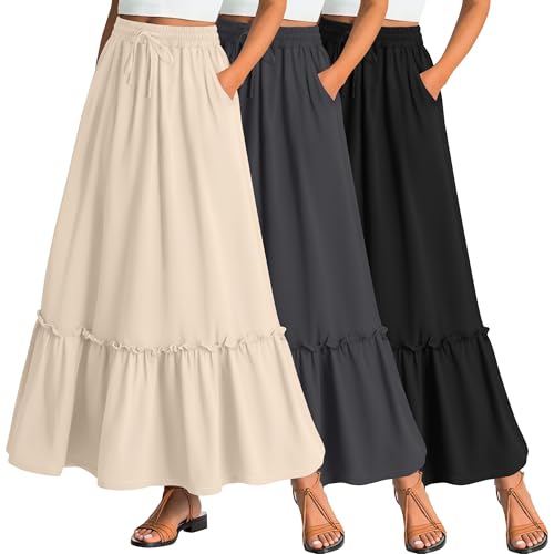 Ficerd 3 Pack Women's Boho Maxi Skirts, Long Tiered Skirt Flowy Ruffle High Waist Drawsting Casual Dress with Pockets
