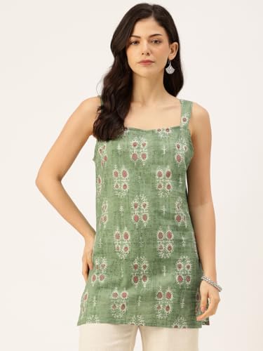 Image of feranoid Women's Printed Sleeveless Short Kurti with Stylish Neck, Backless Design & Side Slits (XS-XL)