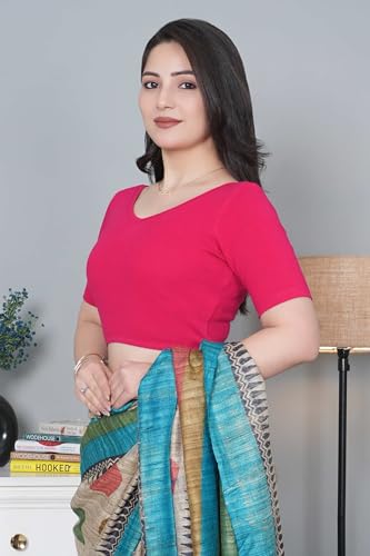 Image of Mlada V-Neck Stretchable Saree Blouse Top for Women | Slim Fit Short Sleeves Solid Cotton Blouses | Readymade Saree Blouses for Women Festive & Ethnic | Blouse Crop Top