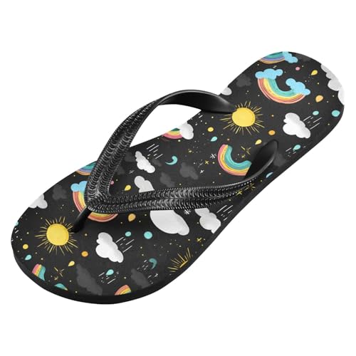 ALAZA Rainbow Rain Clouds Doodle Flip Flops for Women Fashion Beach Slippers Comfort Mens Flip Flops Non-Slip Rubber Shower Slippers Sandal for Hotel Travel Sport,XS2