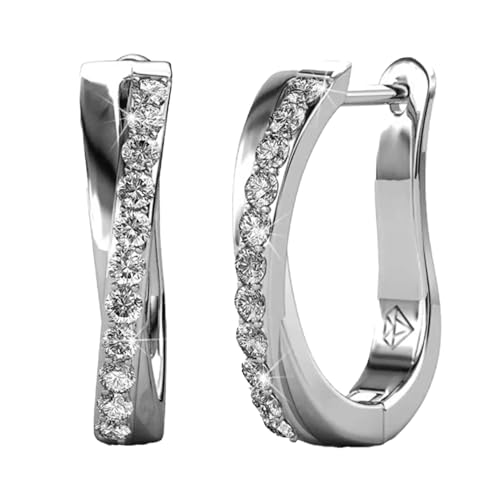 Cate & Chloe Amaya 18k White Gold 16mm Silver Hoop Earrings with Round Cut Simulated Diamond Crystals, Twisted Fashion Hoops for Women, Gift for Her