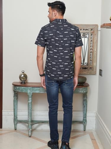 Image of Black Cotton Shirt with White Color Abstract Print | Lightweight Airflow Tech - Advanced breathable weave provides excellent ventilation during hot weather or parties.