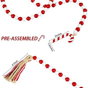 Chuangdi christmas wooden bead garland wreath with tassels 39 ines decorated with candy canes wood bead garland for christmas tree tiered tray decor home farmhouse wall hanging ornamentsred white  urban country home decor