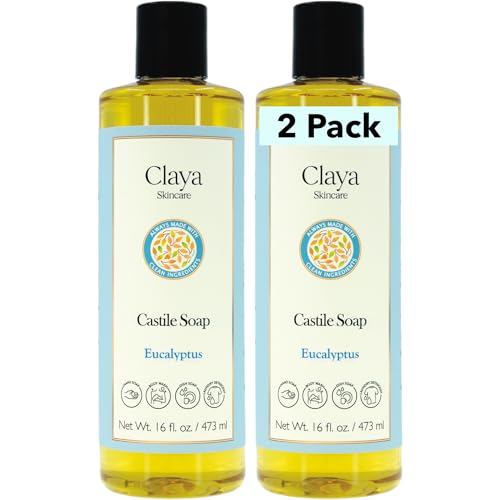 Image of Claya Eucalyptus Liquid Castile Soap - Organic Ingredients, Biodegradable, Refreshing Scent, Gentle for Skin and Versatile Use (2 Pack of 16 fl oz (Disc Cap))