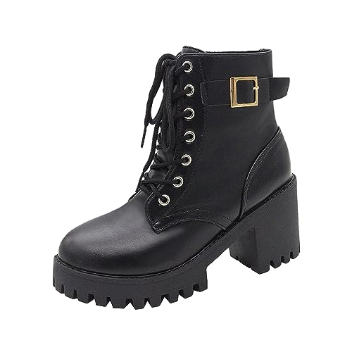 Botas de cuero para mujer, elegantes, con puntera redonda, tacón grueso, antideslizantes, con cremallera lateral, botas de cuero para mujer, zapatos casuales, F 335 Negro, 37 EU