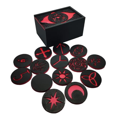 Caixa de Runas das Bruxas Preta com Pentagrama, 14 Pe&ccedil;as com S&iacute;mbolos Vermelhos, Conjunto de Runas...