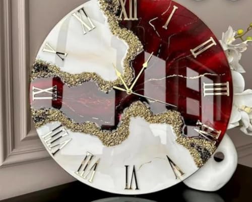 Image of Resin Wall Clock, Red and White Marble Design, Gold Glitter Finish, Roman Numerals, Round