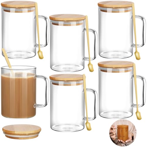 Jingmore 6 Sets 20oz Clear Glass Coffee Mugs Big Glass Mugs with Handles and Lids Large Tea Cups with Wood Lid and Gold Spoon Clear Cup for Latte Espresso Tea Cappuccino Hot Cold Beverages