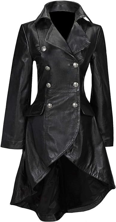 Edwardian Ladies Real Leather Long Black Victorian Gothic Style Coat