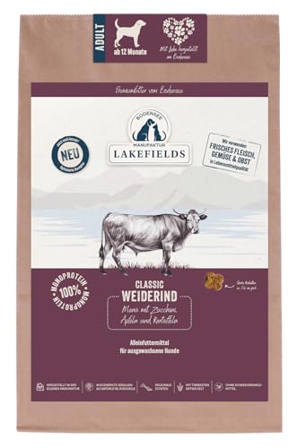 Lakefields Premium Hundefutter Trocken | Rind 60% | 2,5kg | Getreidefreies Trockenfutter für ausgewachsene Hunde | Zutaten in 100% Lebensmittelqualität | Regionales Obst & Gemüse | Schonend gebacken