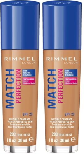 Astor Rimmel London Match Perfection 203, Foundation Base De Maquillaje Con Spf20, True Beige, 123 G, 203-true Beige, Vanilla, 30 Mililitro (Paquete de 2)