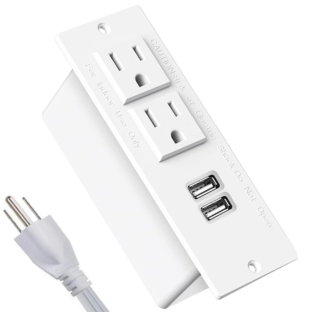 Furniture Recessed Power Strip, Power Outlets, Desk Outlet with USB, Authoritative Certification with 2 AC Plugs, 2 USB Ports Connect with 6.56ft Power Cord (White)