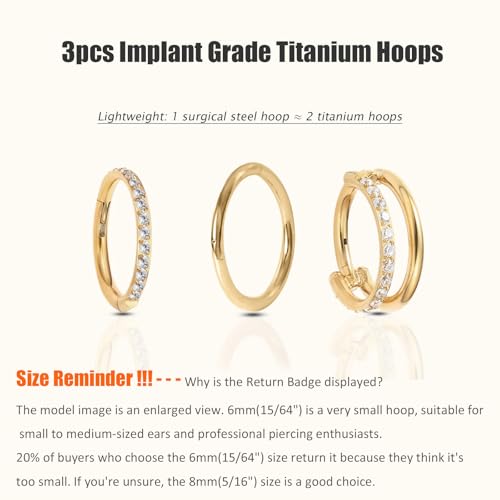 3PCS Titanium Earring Nose Ring, Cartilage Piercing Helix Earring Tragus Piercing for Women Rook Hoop Ear Stacks2