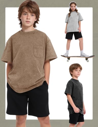 Image of COZYPOIN Unisex Kids Vintage Acid Wash Cotton Tees Crew Neck 3-16Y | 100% Cotton Boys Oversized T Shirt, Crew Neck, Short Sleeve, Front Pocket, Vintage Acid Washed Kids Tees for Boys Girls
