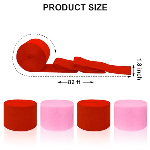 Image of 4 Crepe Paper Streamers Rolls, 328ft Pack of Red and Pink Crepe Paper for Women Girls Valentines Day Mothers Day Wedding Engagement Anniversary Party Decoration Supplies (1.8 inch x 82 ft /Roll)