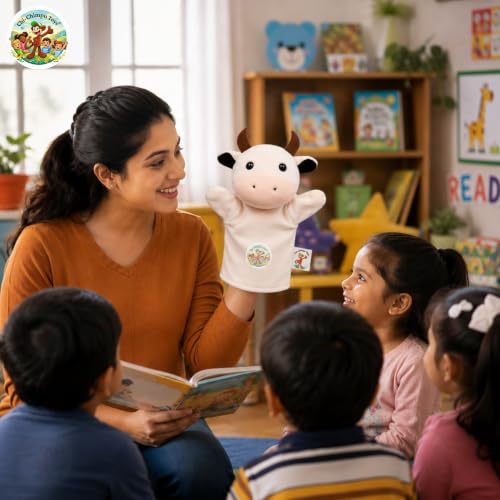 Image of Cow Hand Puppet for Kids | Soft Plush Animal Puppet | Storytelling, Role Play, Preschool Learning Toy | Interactive Educational Puppet for Boys & Girls