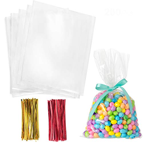 Christmas Cellophane Treat Bags,6x9 Inches Clear Cellophane Bags 200 Pcs OPP Plastic Treat Bags with 200 Twist Ties for Gift Wrapping,Packaging Candies,Dessert,Bakery, Cookies, Chocolate,Party Favors