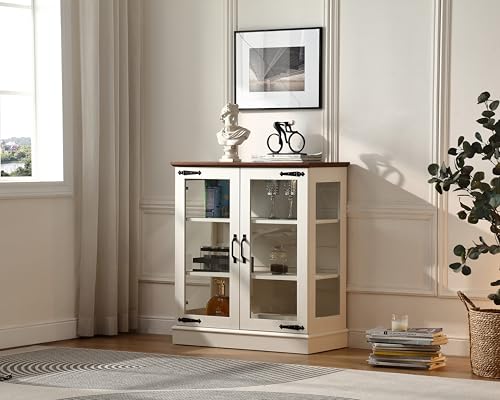 FOREST GRAVITY 31.5'' Small Buffet Cabinet with Glass Doors for Great Showcase,Small Coffee bar Cabinet with 2 Adjustable Shelves,Modern Sideboard Buffet for Kitchen,Antique White