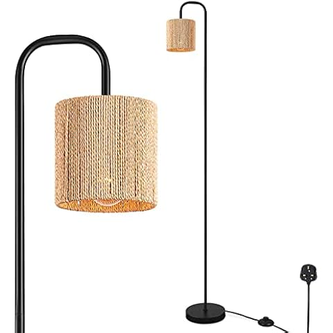 ArcoMead Vintage Floor lamp,with Dense Paper Birch Lamp Shade,Cylinder Wheat Standing Lamp,Farmhouse Indoor Pole Light E27 Base Rustic Standing Tall Lighting for Bedroom,Office,Living Room Cover