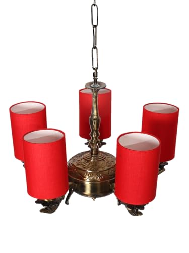 Image of Devansh 05 Lights Red Round Cotton Shade with Antique Golden Chandelier