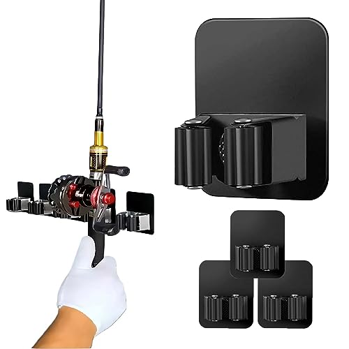 PAPAZOO 4 Pack Fishing Rod Holders, Self-adhesive Wall Mounted Fishing Rods Rack, Fishing Pole/Nets Holders Storage Organizer for Garage, Tool room, Black