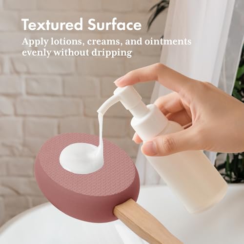Image of AmazerBath Lotion Applicator for Back, Feet, 4 Replacement Pads with 17 inch Curved Handle, Back Sunscreen Applicator for Kids, Elderly, Women, Apply Skin Cream Medicine Moisturizer Tanner, Coffee Pink