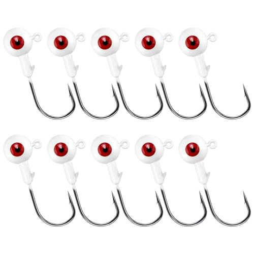 Alwonder 10-Pack Round Fishing Jig Heads, Bass Ball Jigs 3D Eyes High Carbon Steel Hooks Bass Lures Jig Heads Freshwater Saltwater Surf Fishing Jigs for Walleye Striper Pompano, White-3/8oz